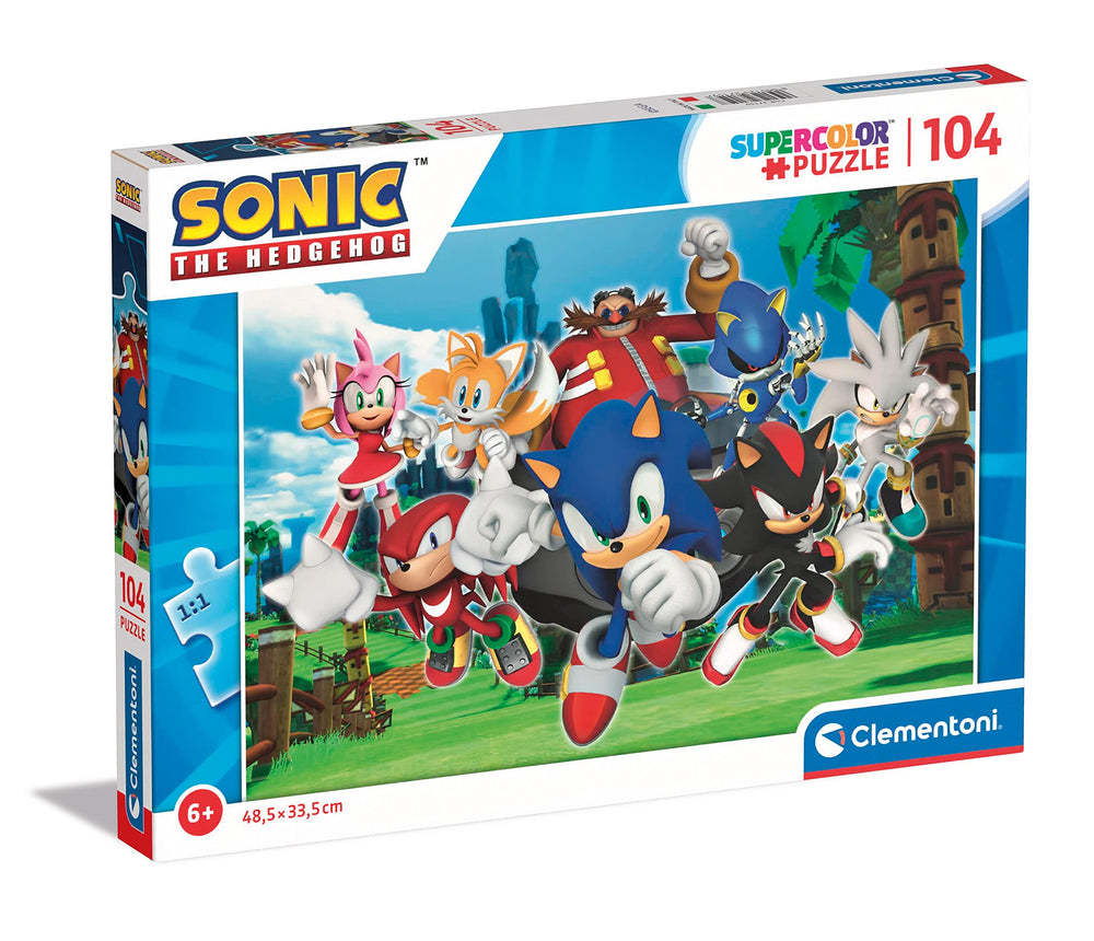 Clementoni Sonic Supercolor 104-piece puzzle cover with vibrant visuals for focused, cooperative play.