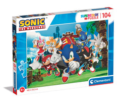 Clementoni Sonic Supercolor 104-piece puzzle cover with vibrant visuals for focused, cooperative play.