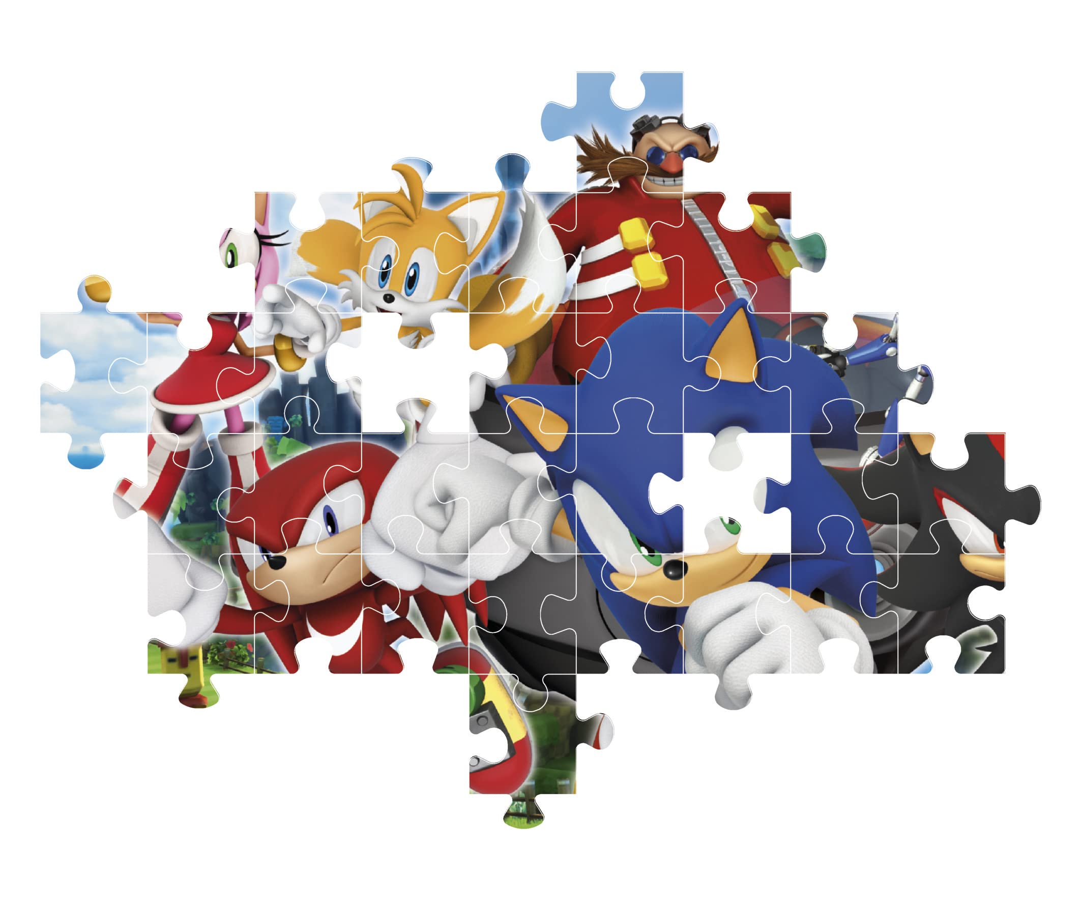 Clementoni Sonic Supercolor 104-piece puzzle kids playing teamwork and sharing.