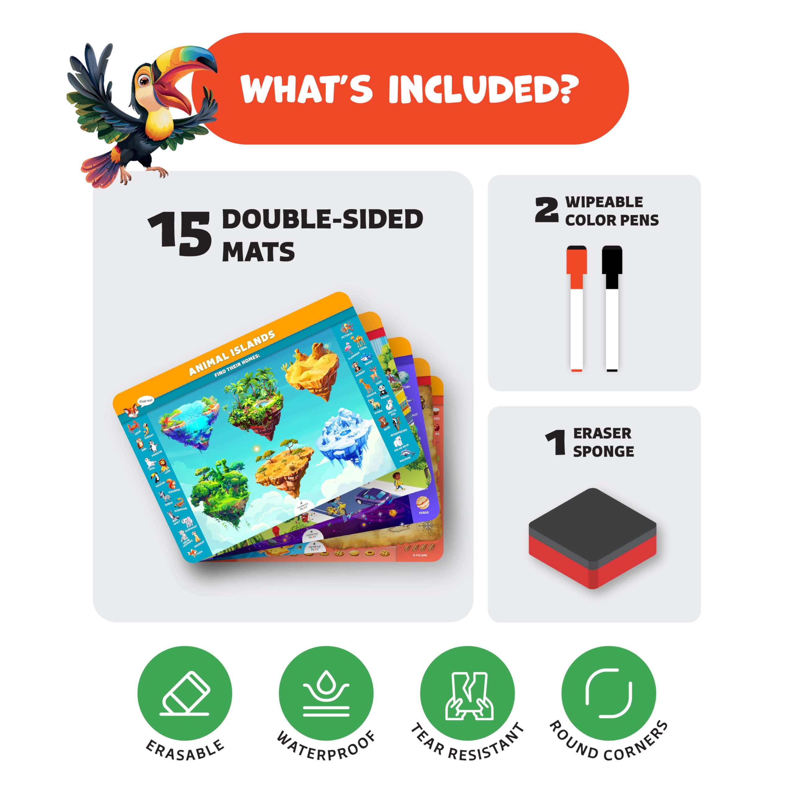 Clever Fox Play dry erase pens with eraser, enabling quick practice and reuse.