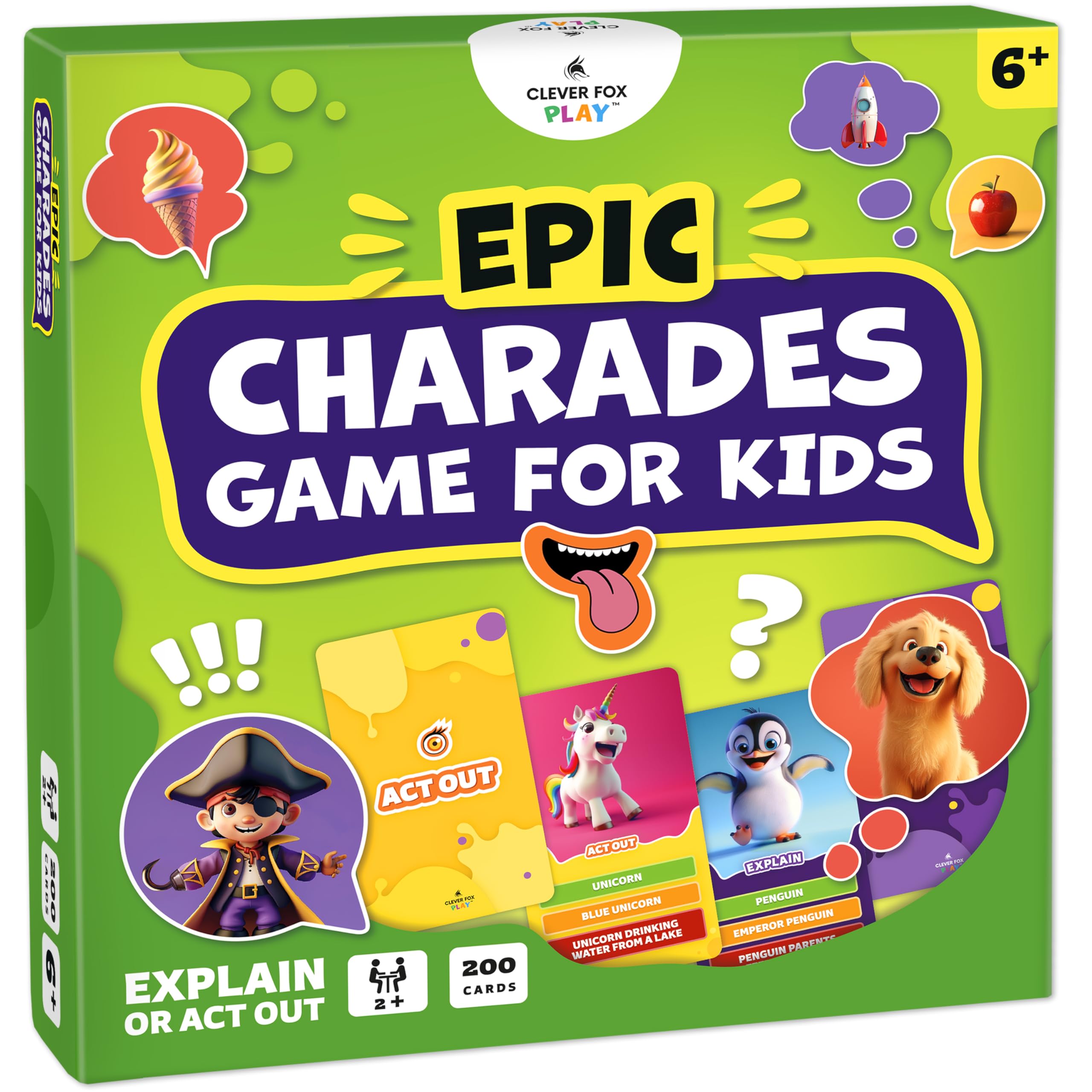 Clever Fox Play Epic Charades cards with illustrations for quick play and easy guessing
