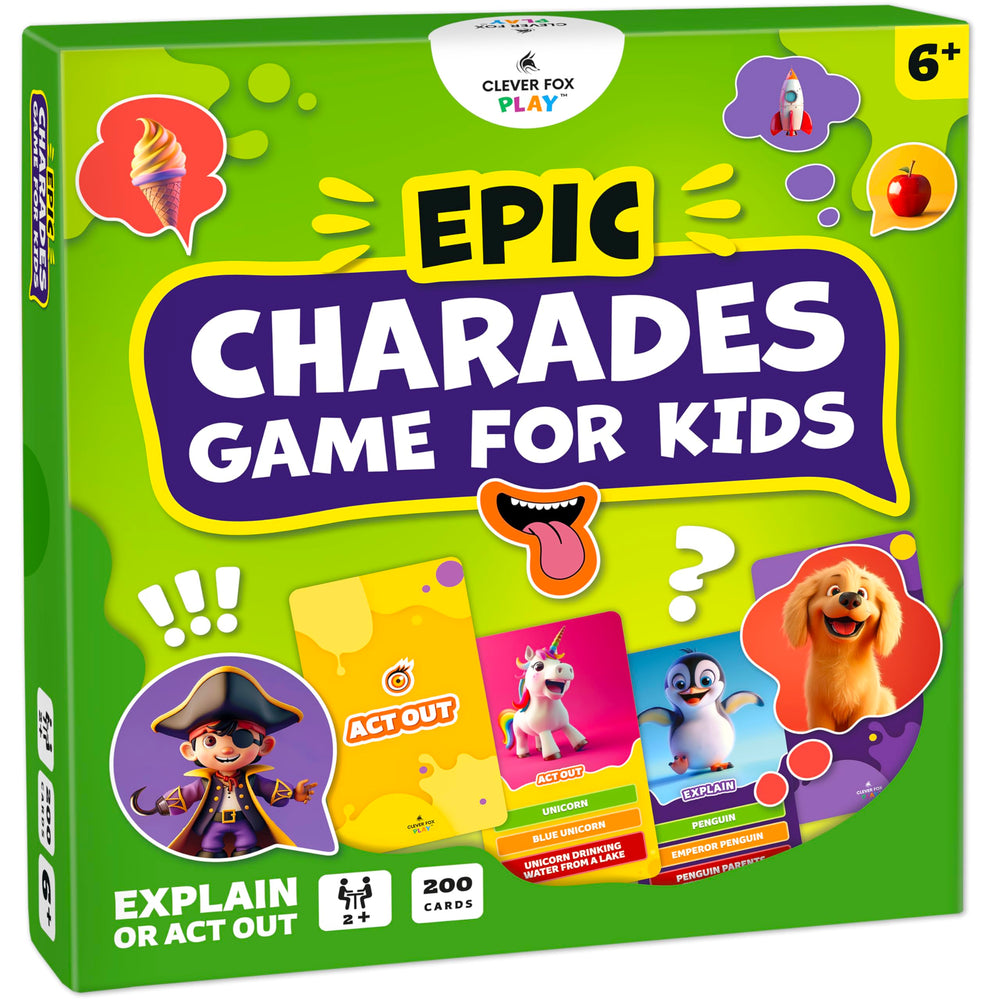 Clever Fox Play Epic Charades cards with illustrations for quick play and easy guessing