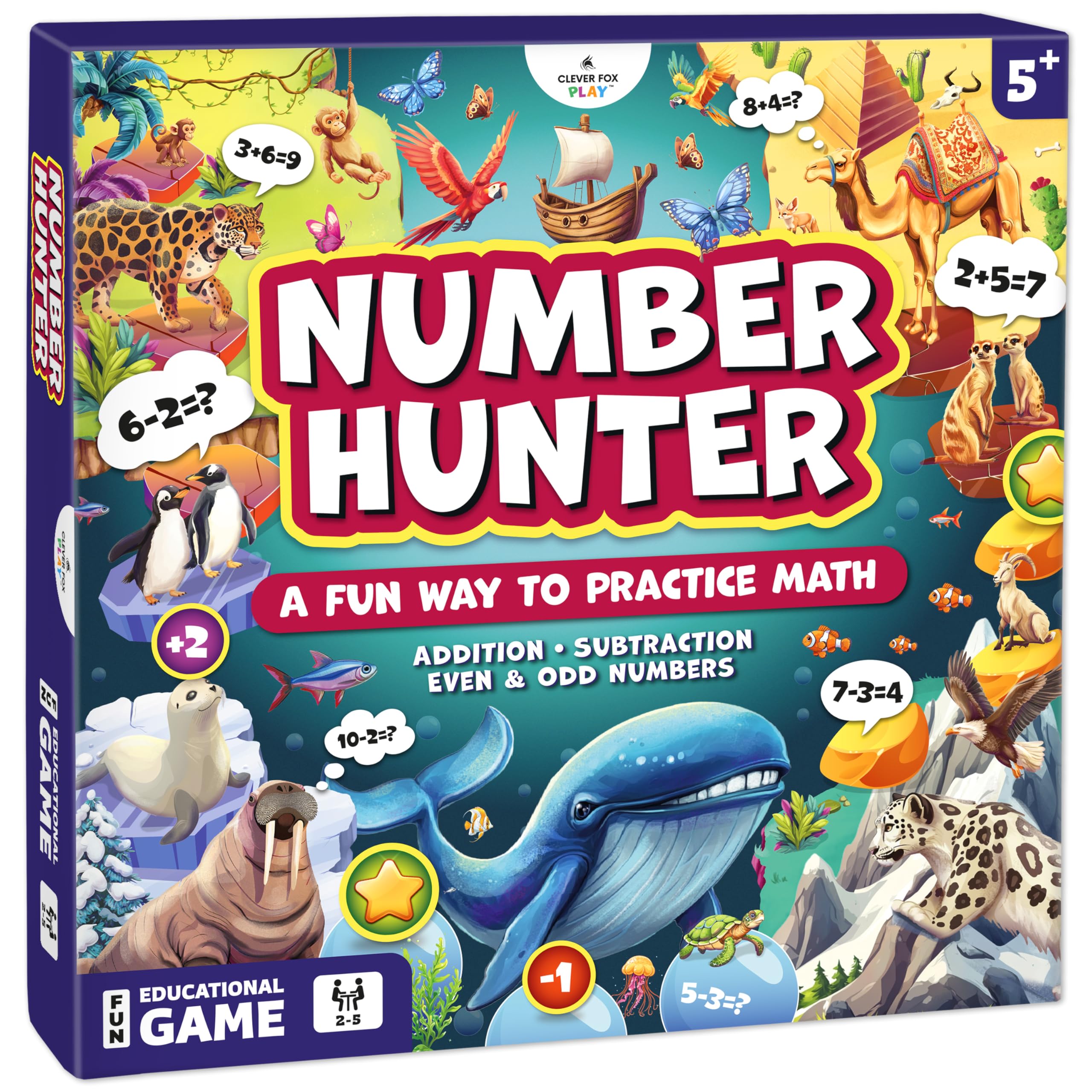 Clever Fox Play Number Hunter game box stimulates curious math practice at home.