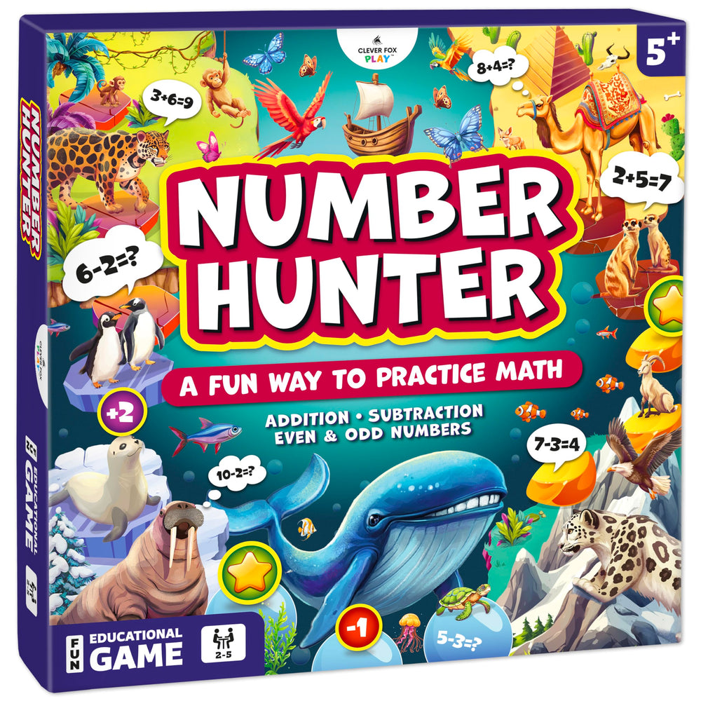 Clever Fox Play Number Hunter game box stimulates curious math practice at home.