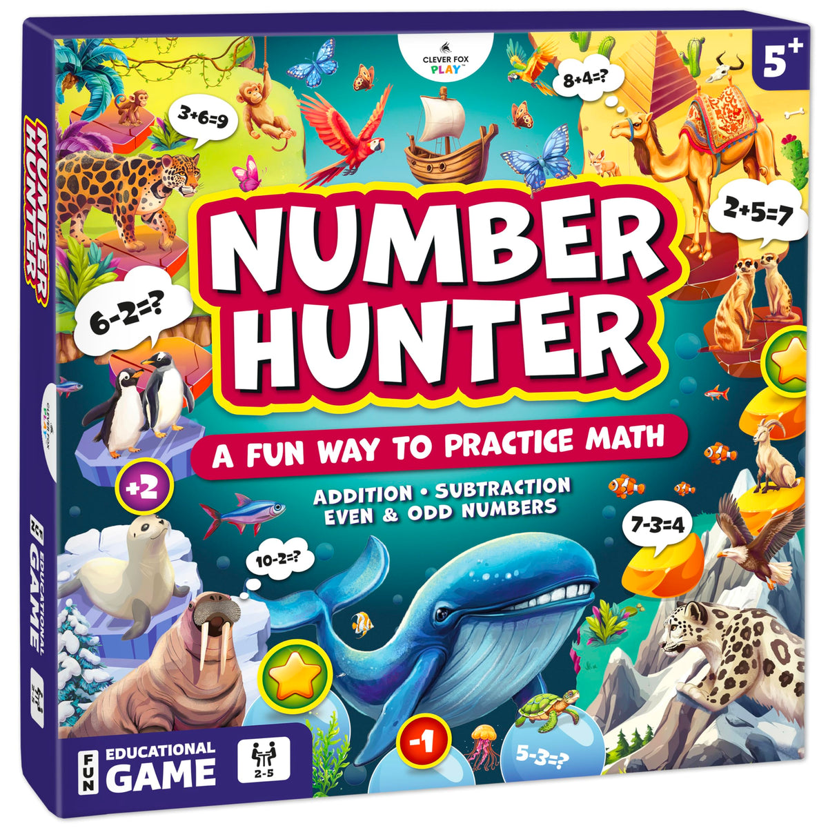 Clever Fox Play Number Hunter game box stimulates curious math practice at home.