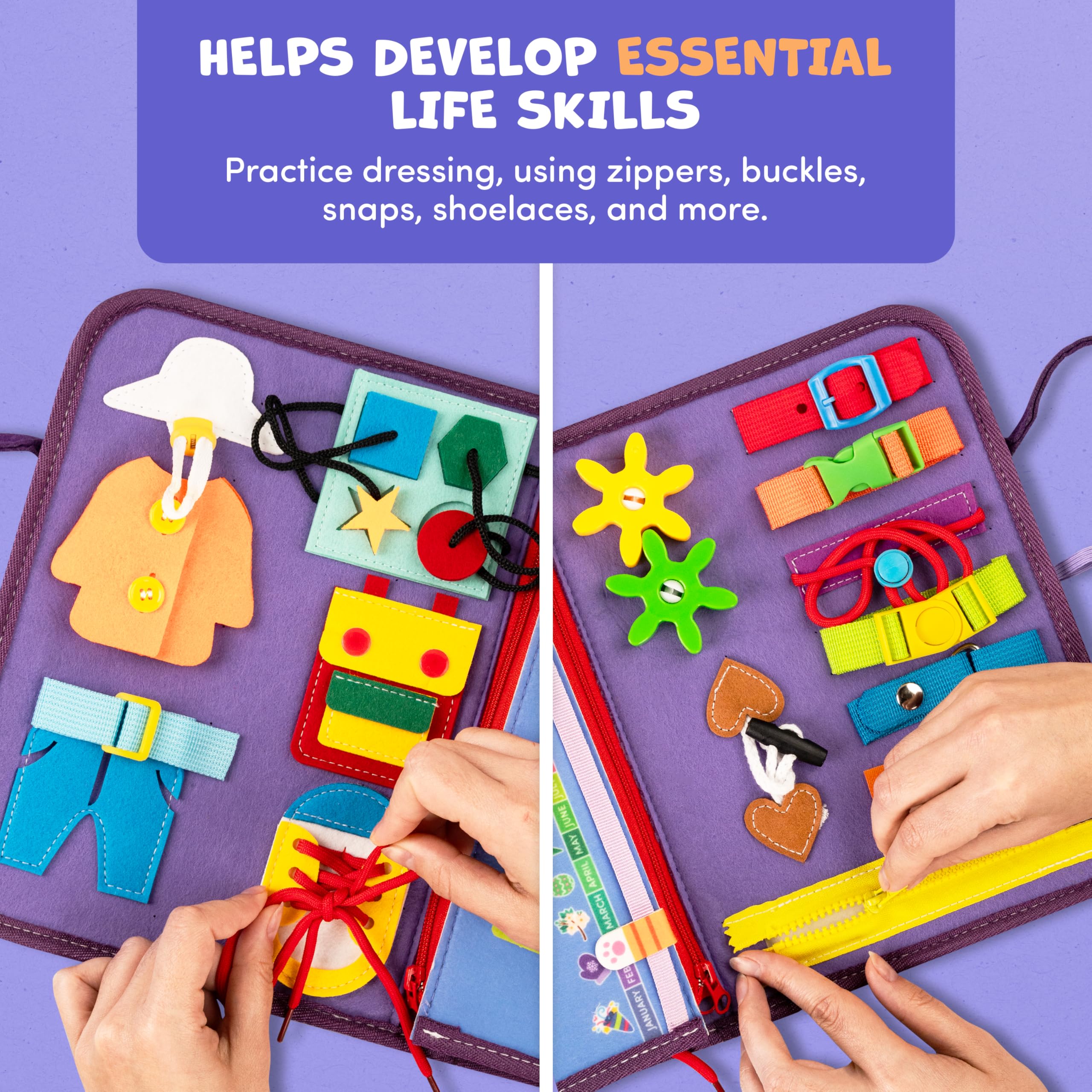 Clever Fox Play travel-friendly busy board keeps little hands occupied on trips.