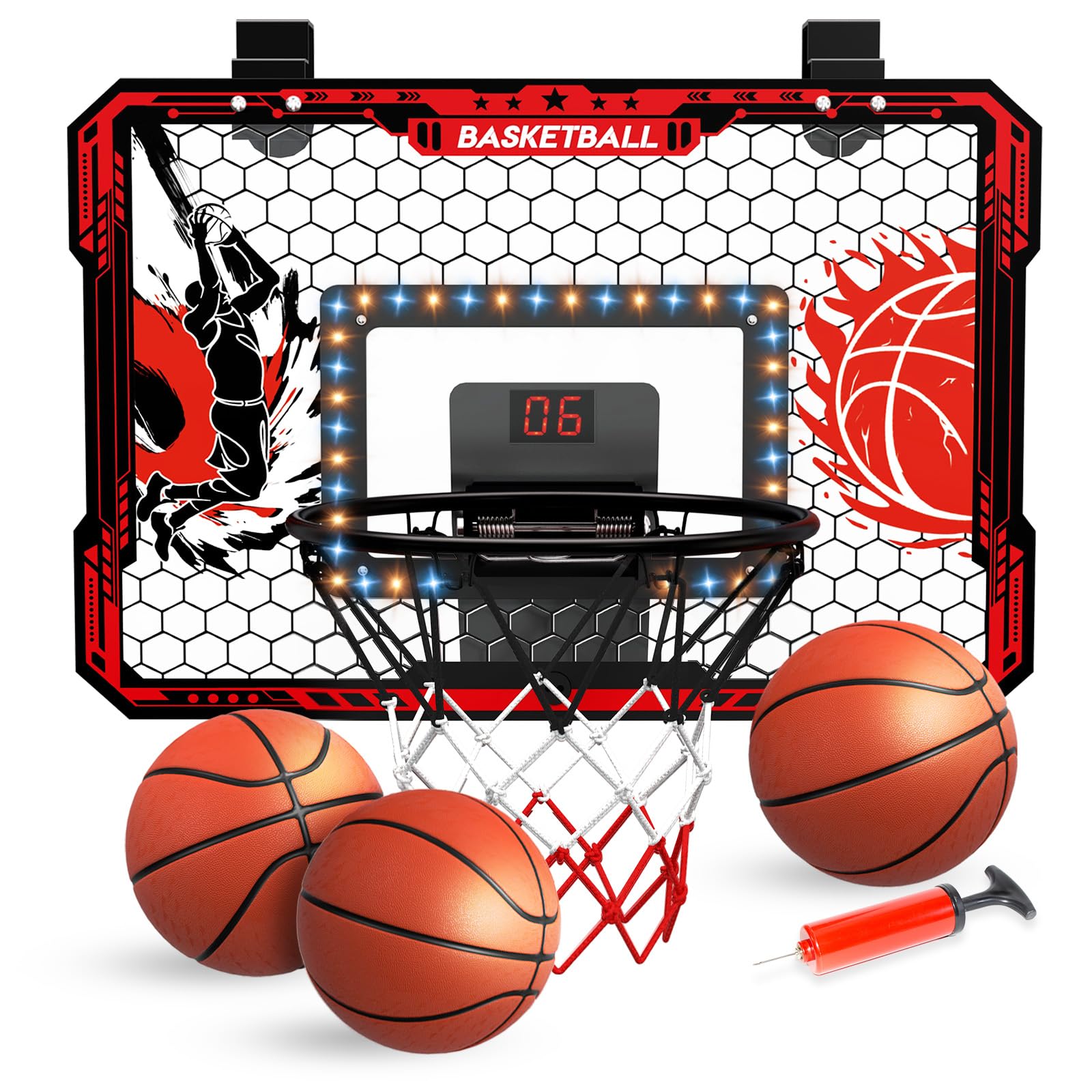 CL FUN over-the-door hoop with LED lights enhances playtime and scoring