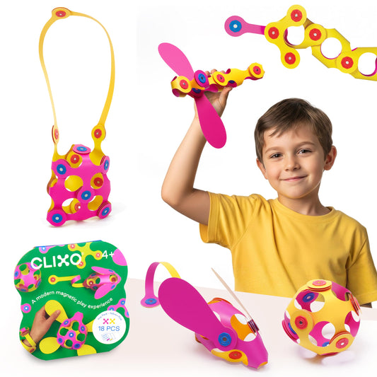 Clixo Itsy magnetic pieces displayed for creative construction and fine motor skill development.