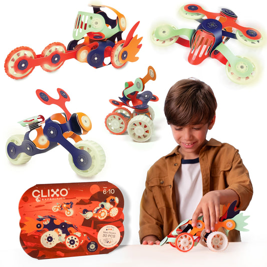 Clixo Mars Rover Pack glow-in-the-dark wheels illuminate night play and exploration.