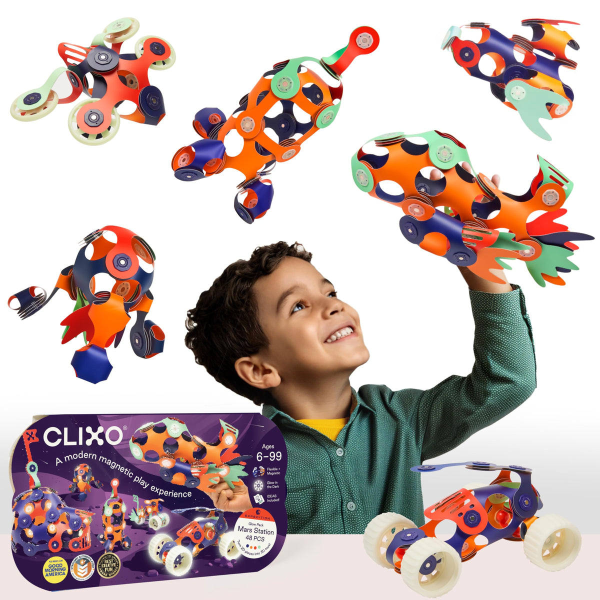 Clixo Mars Station Pack glow pieces illuminate during play for vivid space imagination.