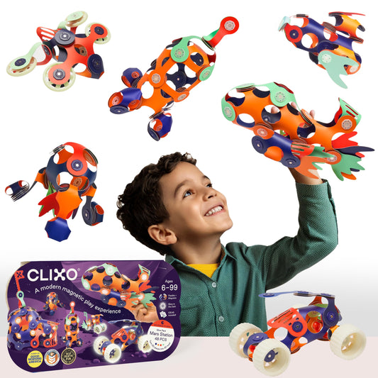 Clixo Mars Station Pack glow pieces illuminate during play for vivid space imagination.