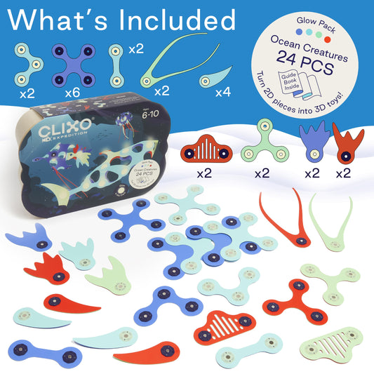 Clixo Ocean Creatures Pack pieces ready for creative underwater creature construction.