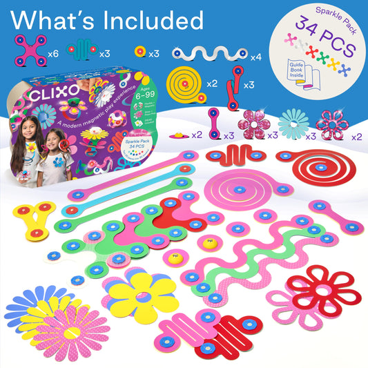 Clixo Sparkle Pack 34-piece magnetic set enables flexible, snap-together creativity.
