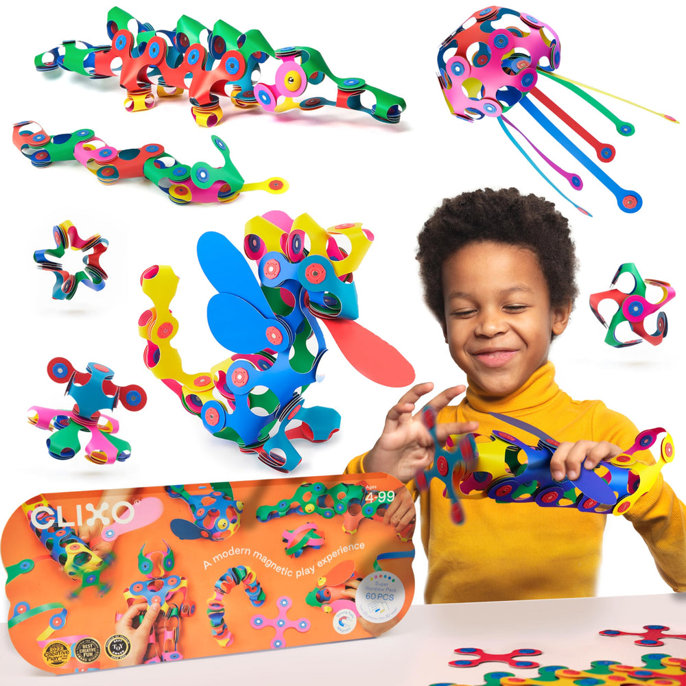 Clixo Super Rainbow 60-piece pack showing colorful magnetic pieces for endless creativity.