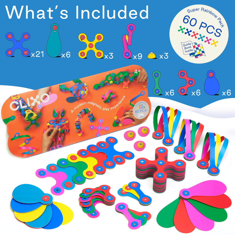 Clixo Super Rainbow flexible pieces enabling fold-and-build play on any surface.