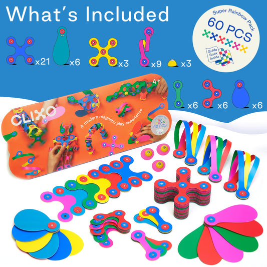 Clixo Super Rainbow flexible pieces enabling fold-and-build play on any surface.