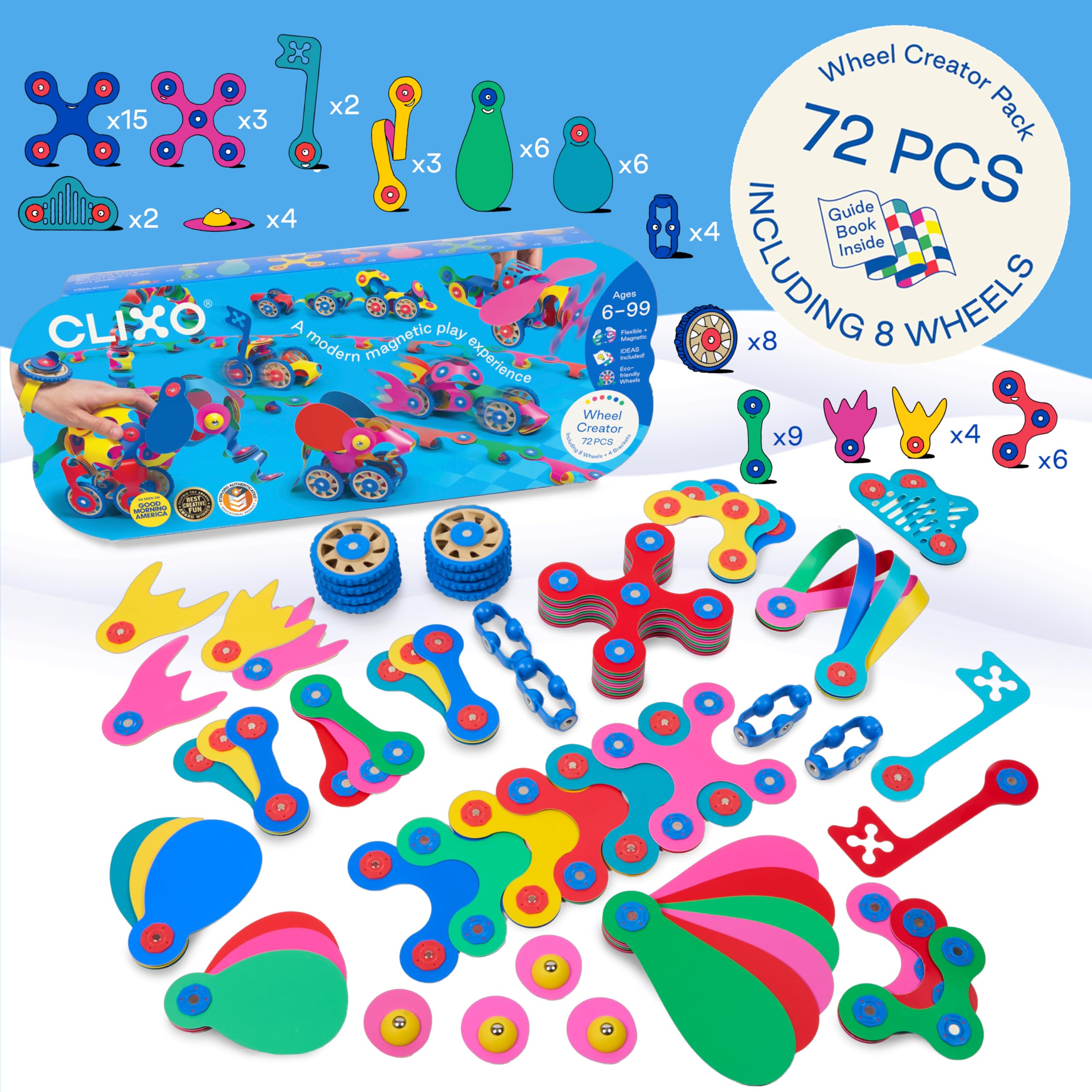 Clixo Wheel Creator Pack flexible pieces demonstrate endless shape options.