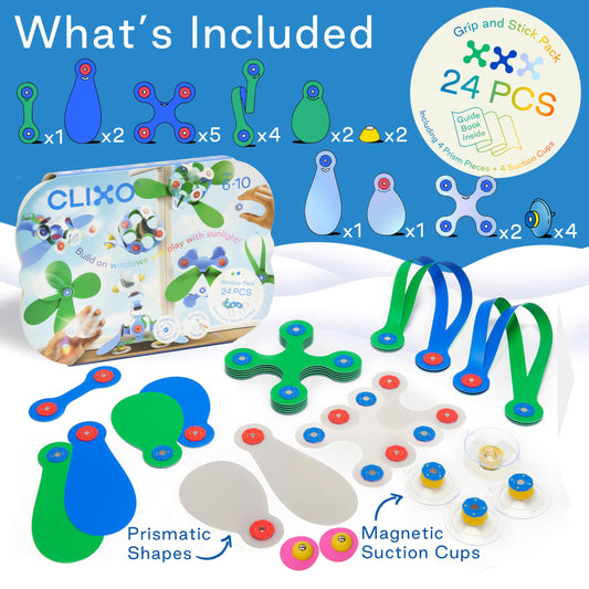 Clixo Window Pack suction cups secure colorful designs on car or plane windows