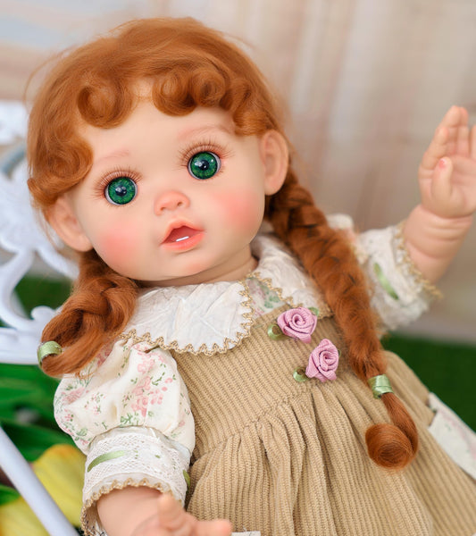 Cloveray Reborn 18-inch doll in straw hat enhancing countryside storytelling.
