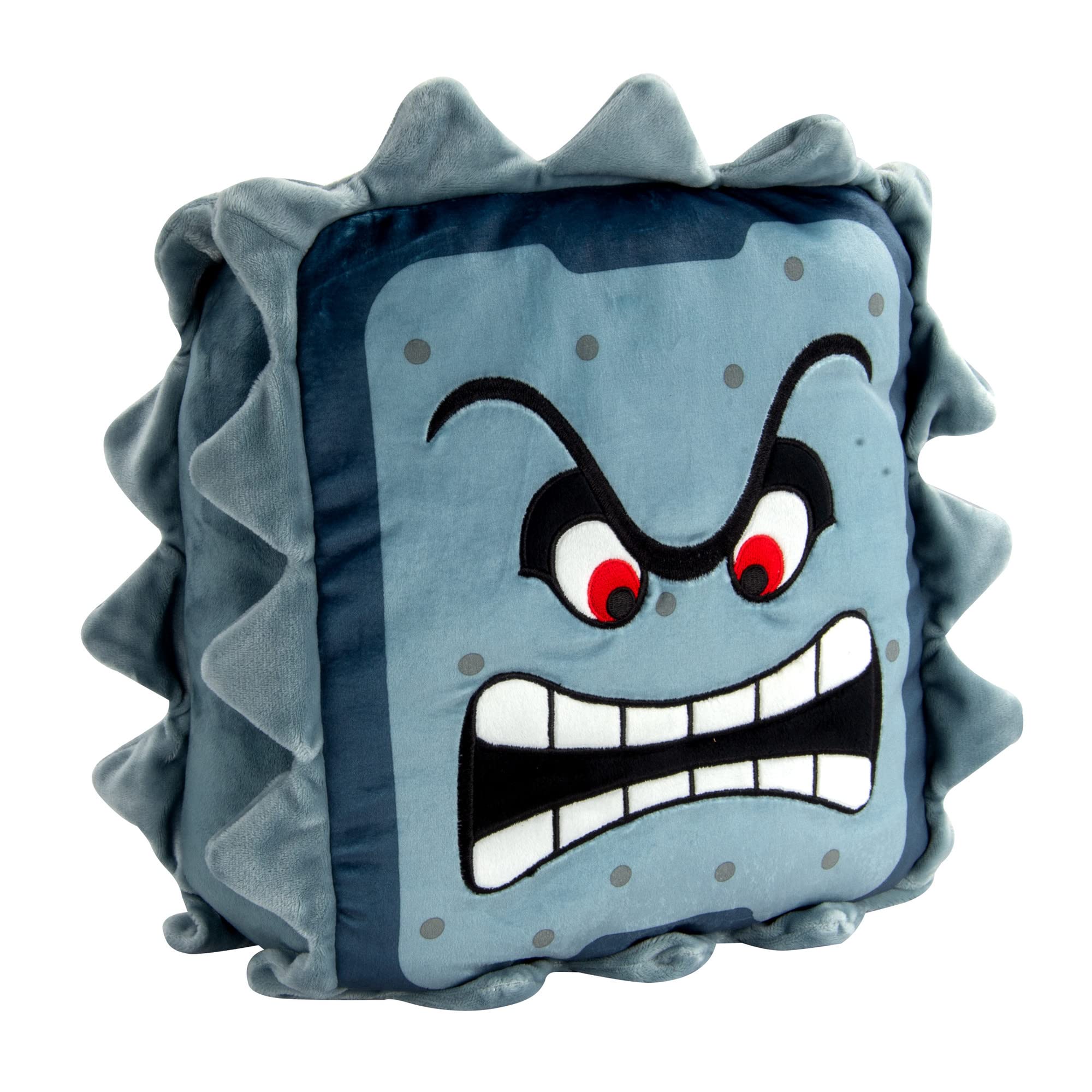 Close-up of the Thwomp plush reveals its squishy texture for display.