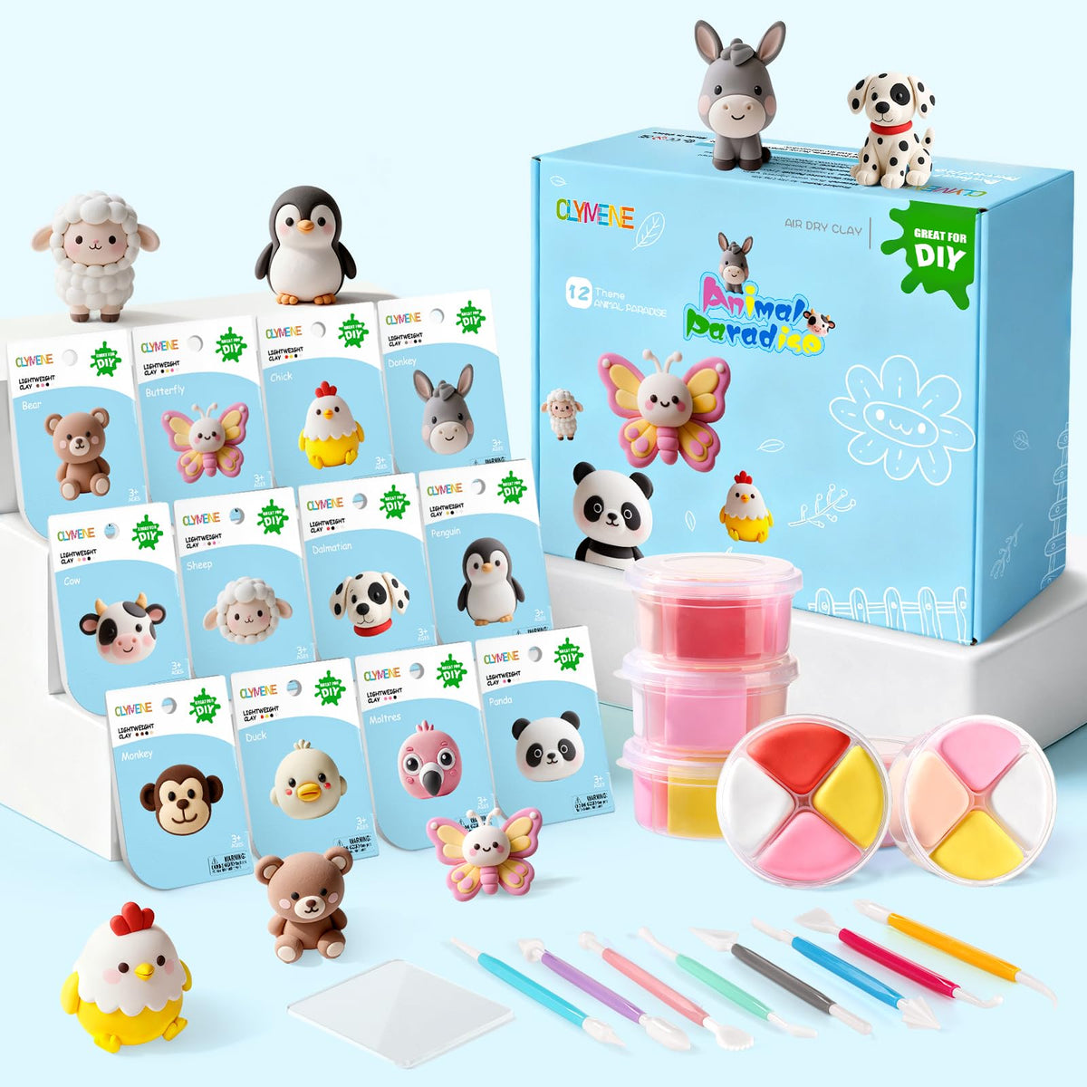 CLYMENE air-dry clay kit 12-animals: engaging, mess-free crafting for kids.
