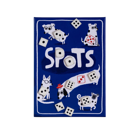 CMYK Spots Dice Game: dogs with spots ready for family play.