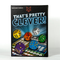 CMYK That's Pretty Clever dice on the board during family game night.