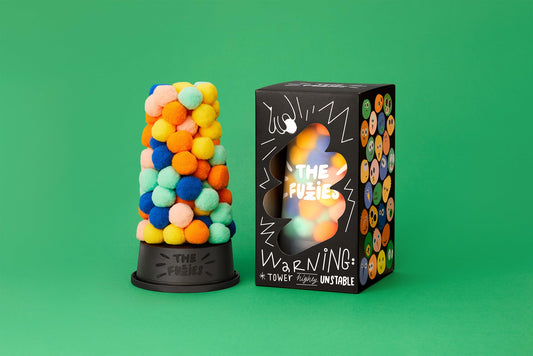 CMYK The Fuzzies tower close-up; tactile fuzzballs spark giggles
