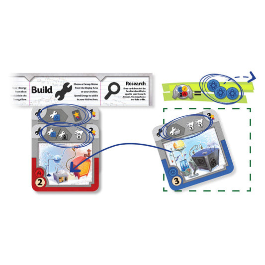 CMON Gizmos energy dispenser closeup highlighting marble-based resource flow.