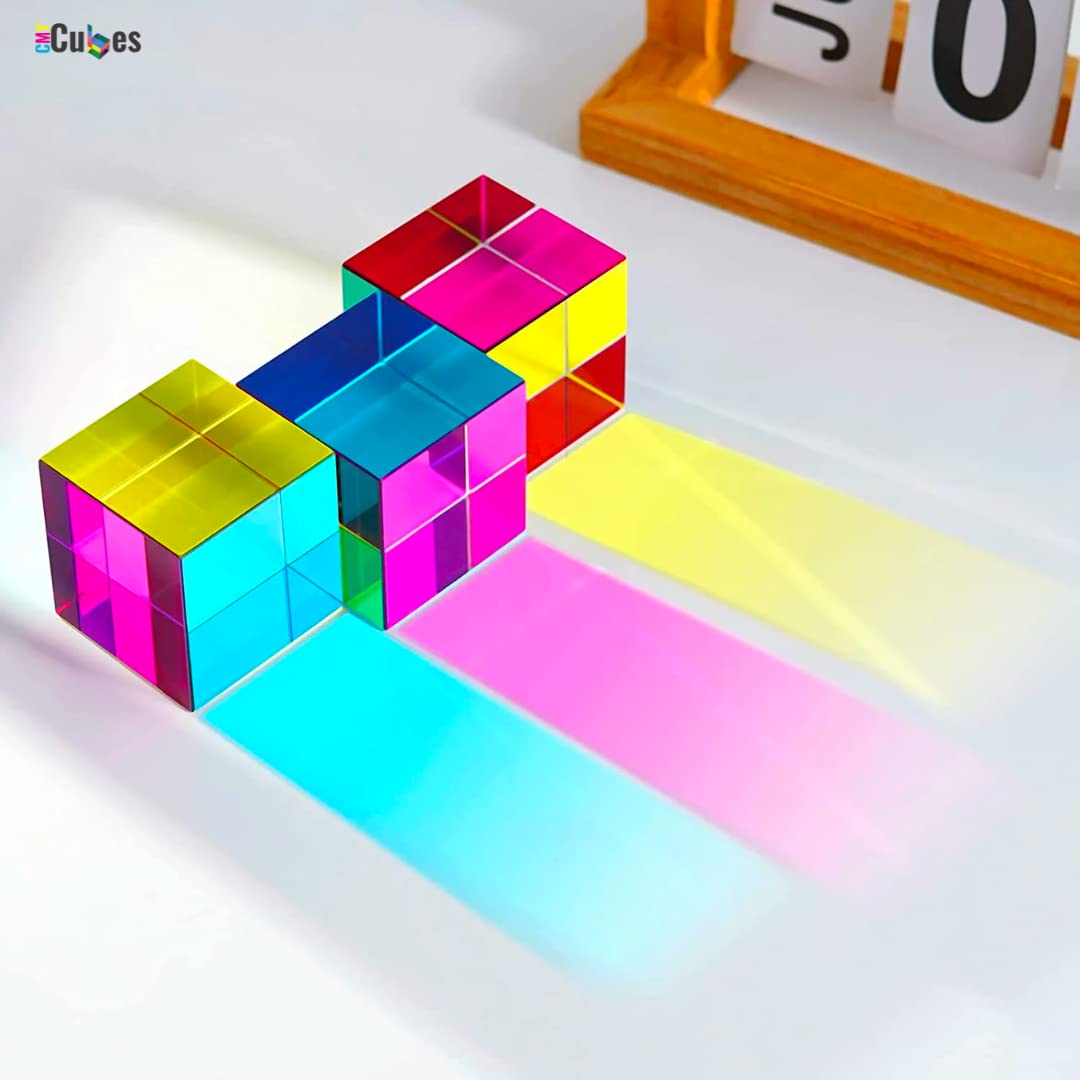 CMY Cubes Original 50mm color cube shown in a classroom demonstration of color theory.