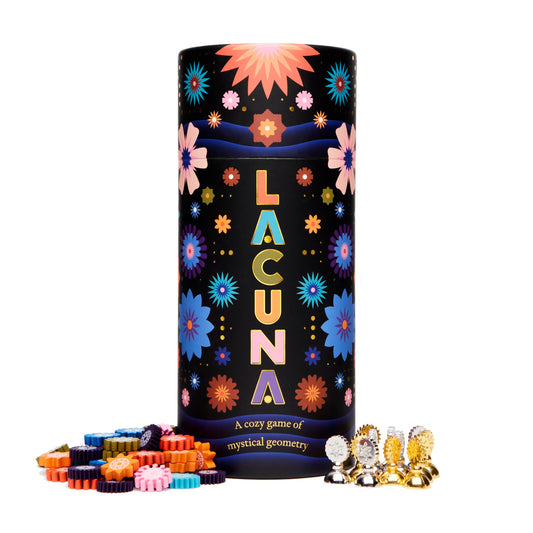 CMYK Lacuna box front showcases a cozy, giftable 2-player game.