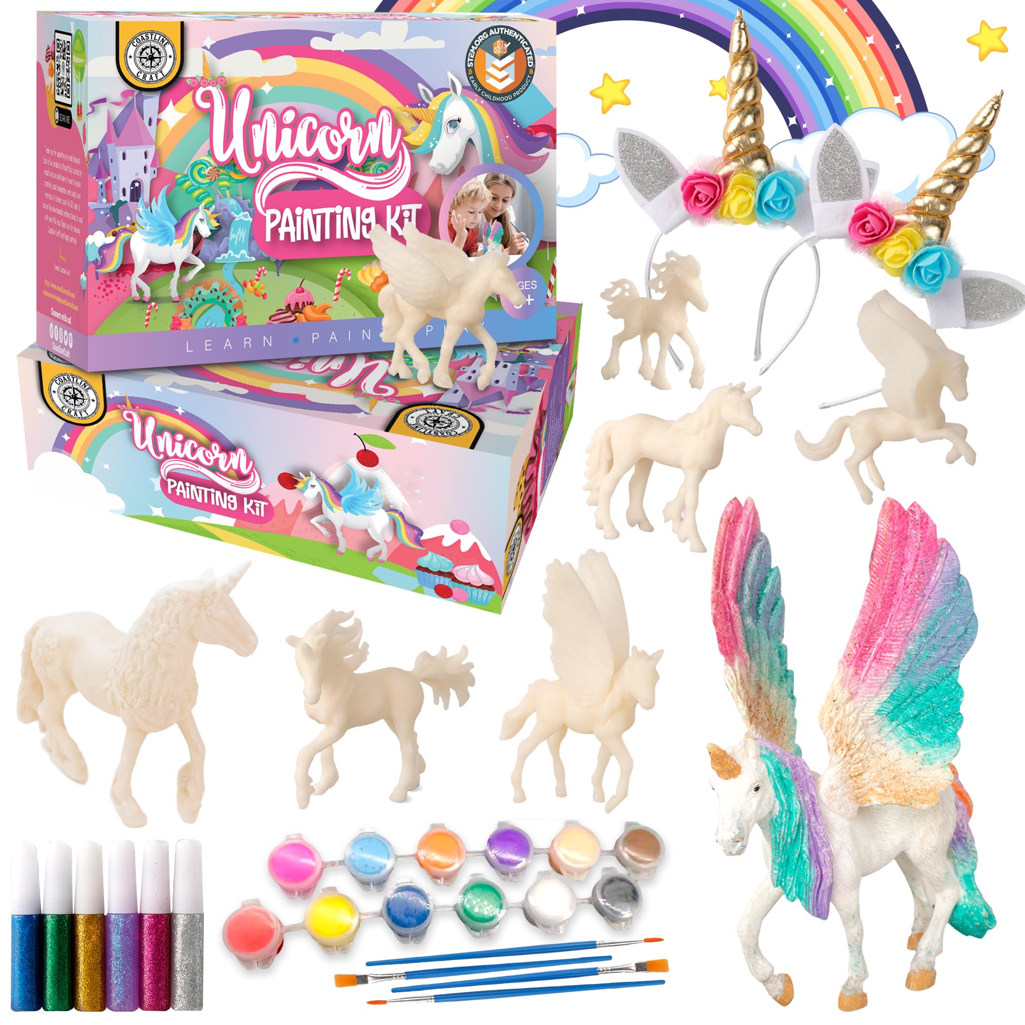 COASTLINE CRAFT unicorn paint kit contents shown for safe, screen-free creative play