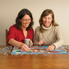 Cobble Hill 1000-piece puzzle closeup reveals crisp linen finish and piece variety.