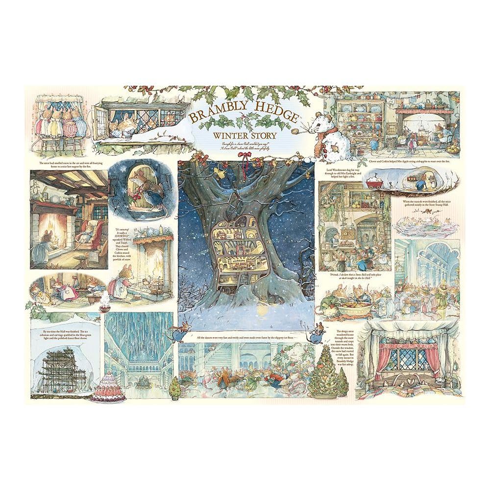 Cobble Hill Brambly Hedge Winter Story puzzle box cover, cozy woodland scene for family evenings.