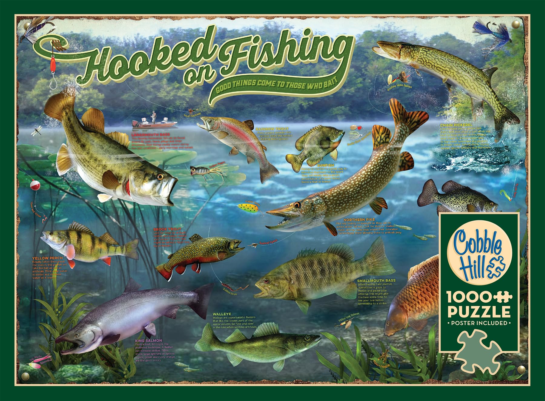 Cobble Hill Hooked on Fishing puzzle frame-ready—finished size makes framing simple.