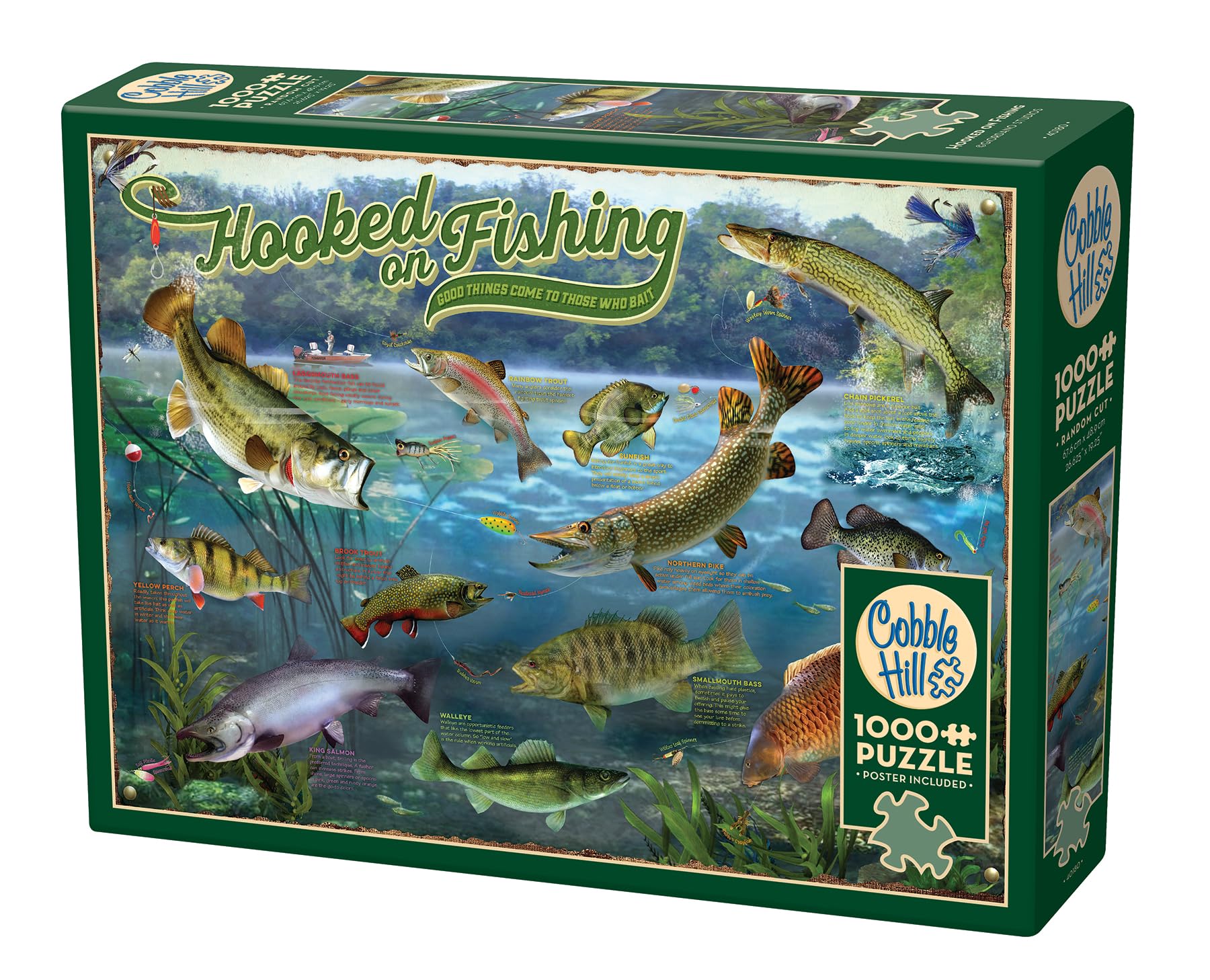 Cobble Hill Hooked on Fishing puzzle materials—linen texture and recycled cardboard enhance durability.