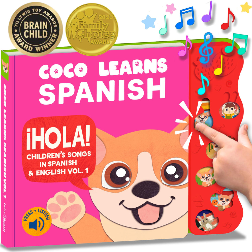 Coco Learns Spanish book open with bright illustrations for babies