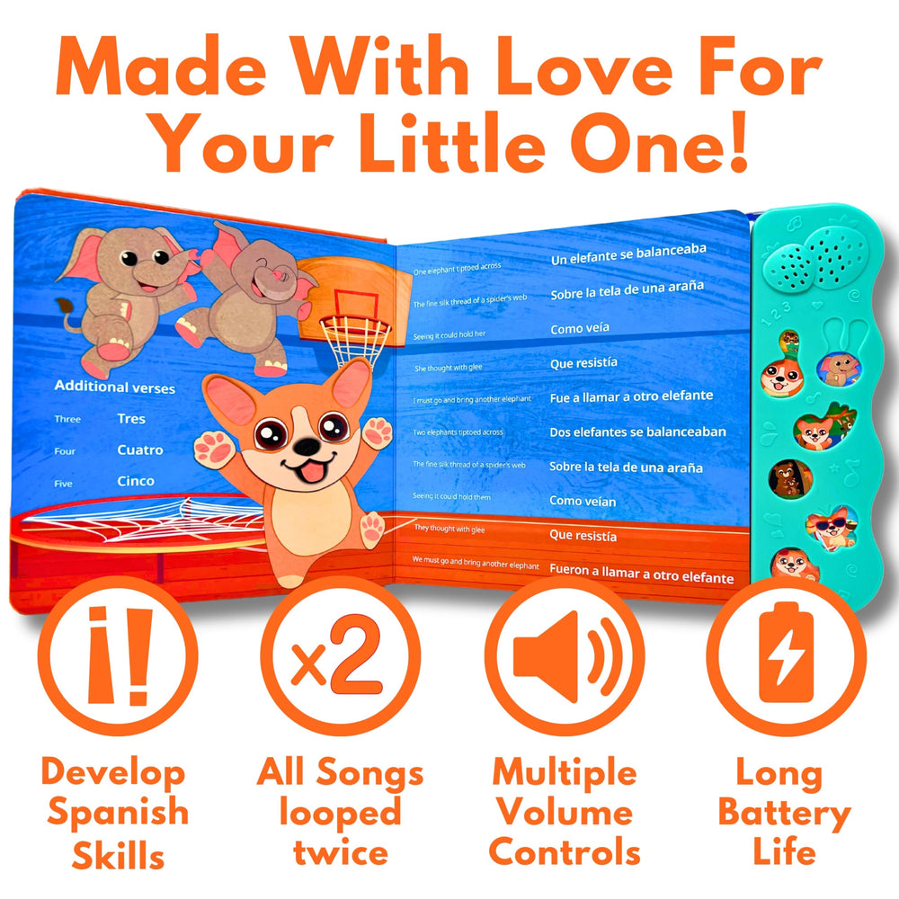 Coco Learns Spanish musical book buttons close-up for play and volume control.