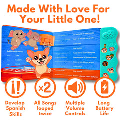 Coco Learns Spanish musical book buttons close-up for play and volume control.