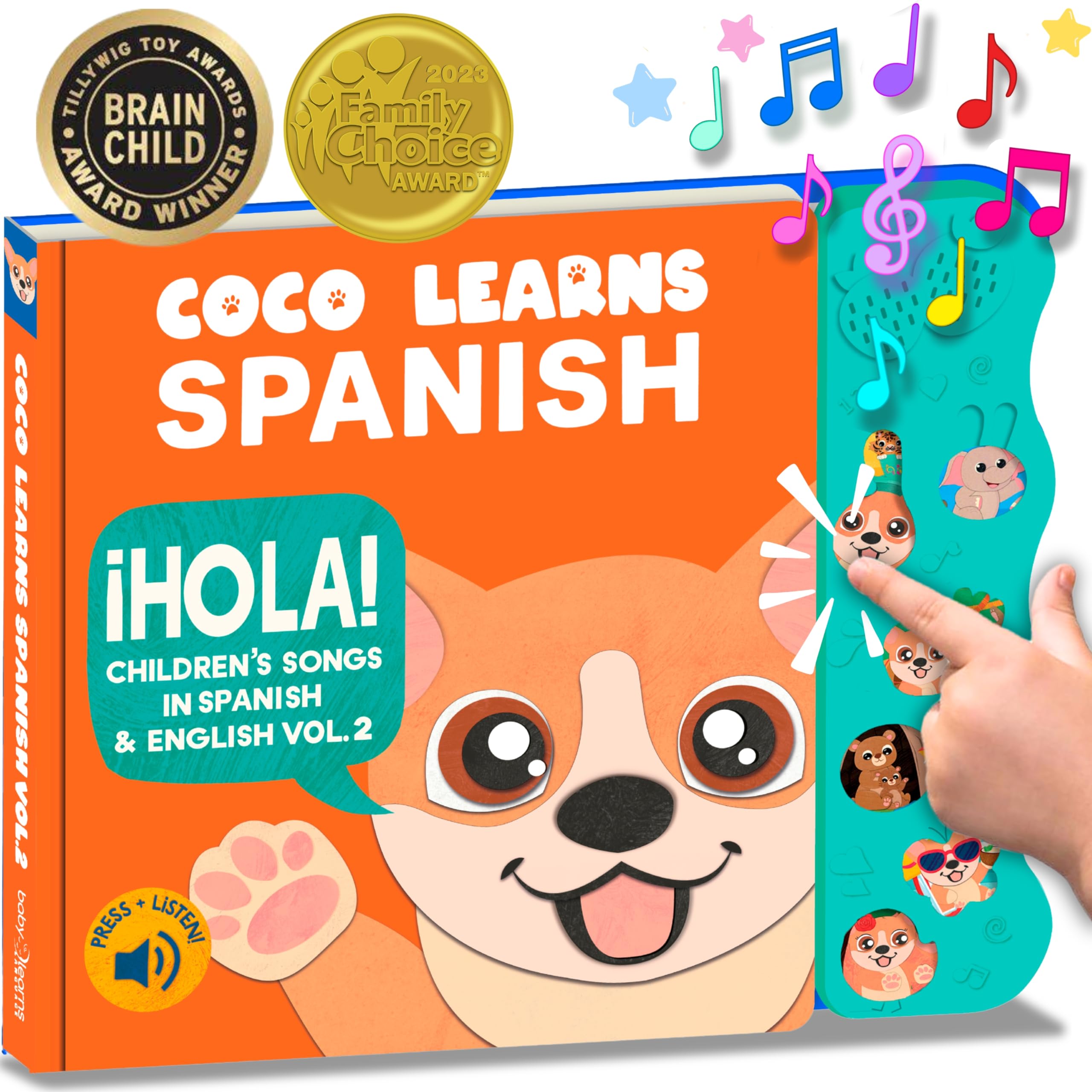 Coco Learns Spanish musical book front cover with bright illustrations and sturdy board pages.