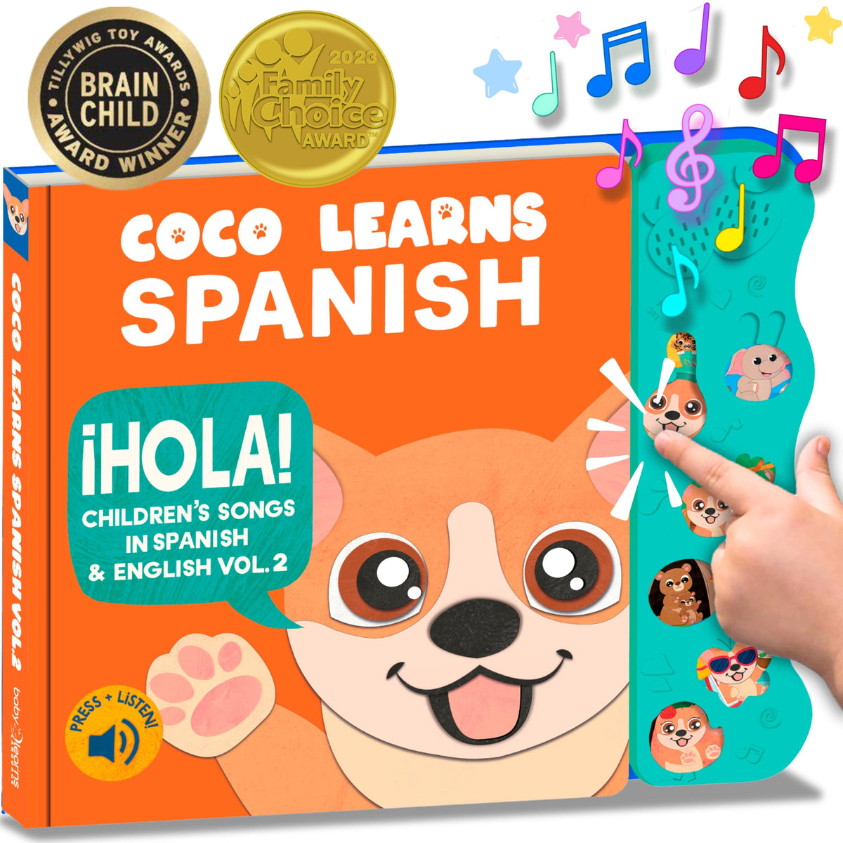 Coco Learns Spanish musical book front cover with bright illustrations and sturdy board pages.