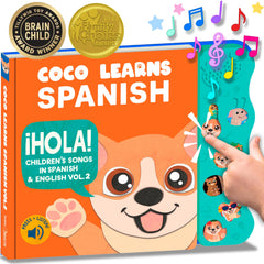 Coco Learns Spanish musical book front cover with bright illustrations and sturdy board pages.