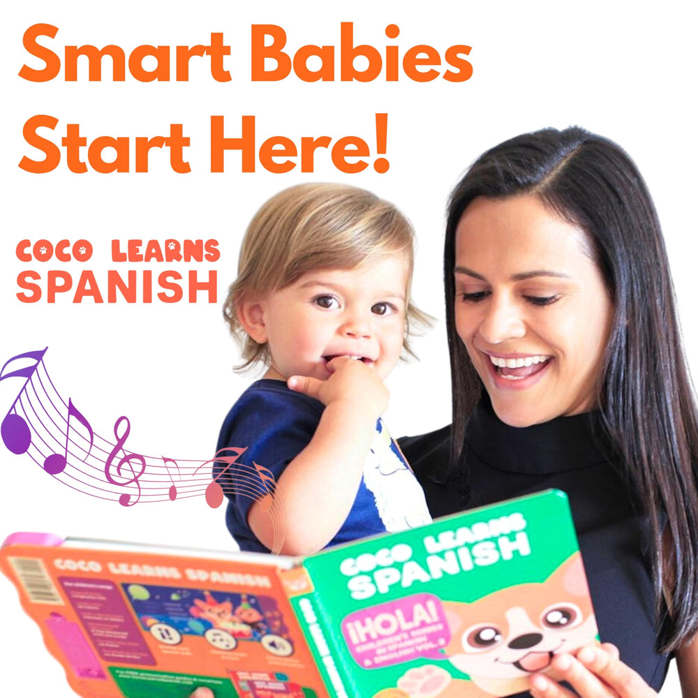 Coco Learns Spanish musical book side view highlighting built-in speaker and safe design.