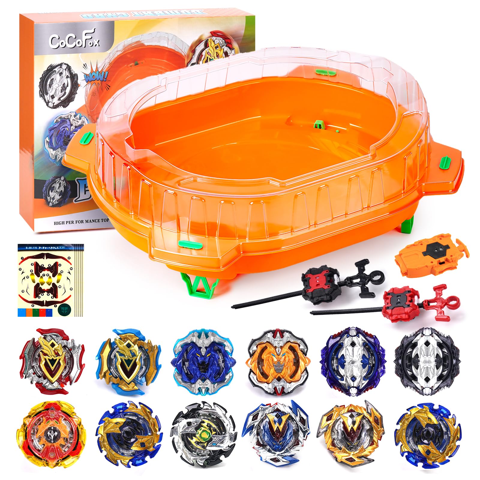 COCOFOX Burst Set with 12 tops and stadium for dynamic battles.