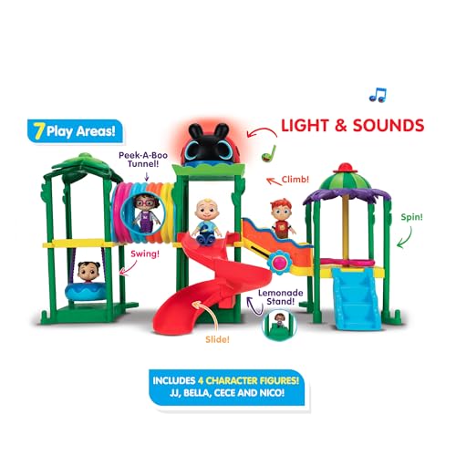 CoComelon Lane swing feature lets kids push JJ for active play.