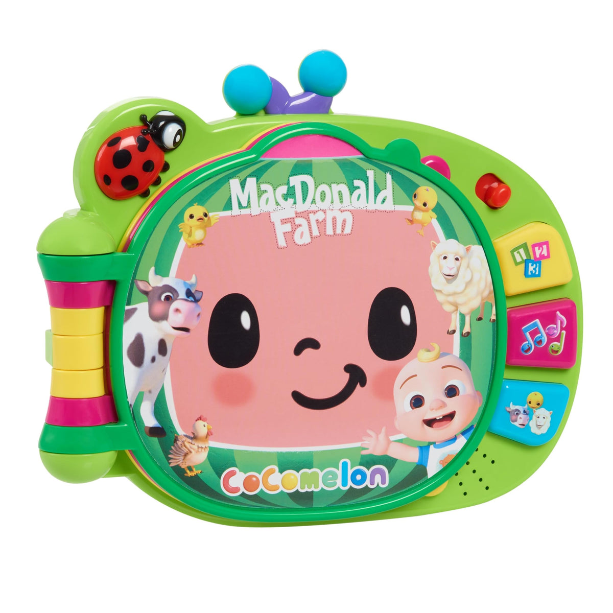 CoComelon Learning Book open pages with JJ and farm animals for interactive learning