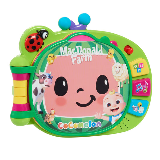 CoComelon Learning Book open pages with JJ and farm animals for interactive learning