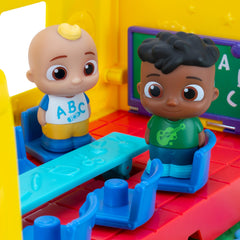 CoComelon transforming school time bus playground with swings and merry-go-round for active fun.