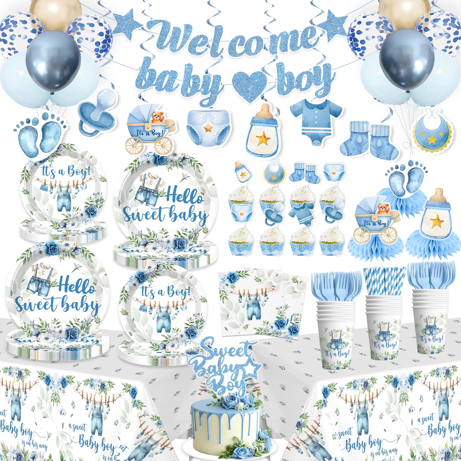 Cocomigo blue baby boy shower cake toppers add sparkle to dessert display and photos