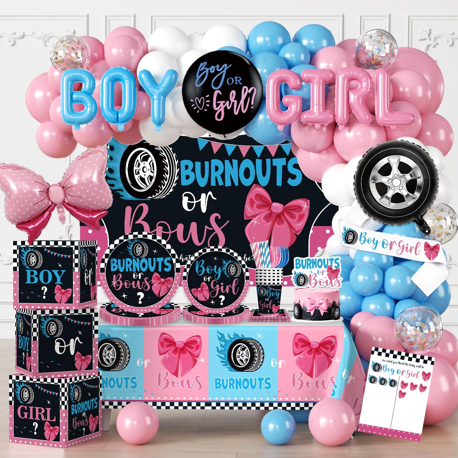 Cocomigo burnouts and bows backdrop for a festive gender reveal photo moment